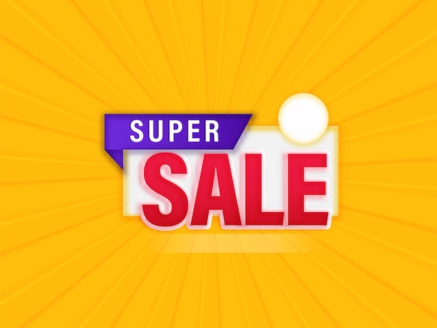 Дизайн плаката super sale с пустой этикеткой на фоне хромированных желтых лучей