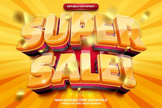 Vector super sale promo 3d-bewerkbare teksteffectsjabloon met verkoopbadge en confetti