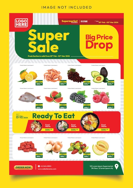 Vector super sale supermarket promo flyer catalog template