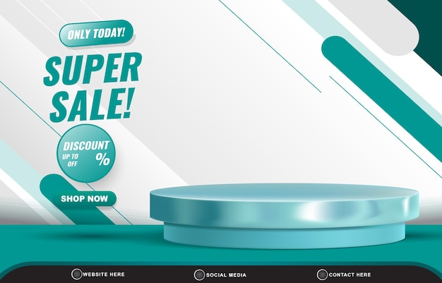 Super sale template banner with blank space 3d podium for product sale with abstract gradient green and white background design