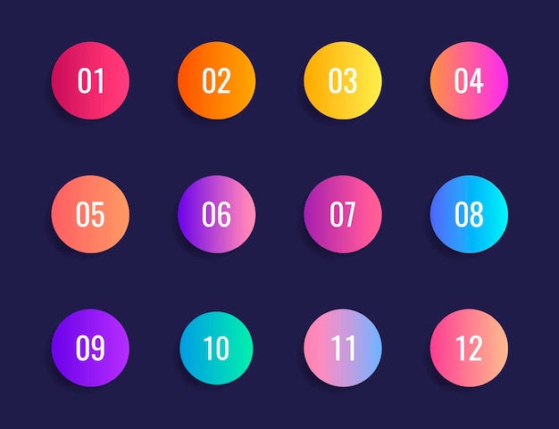 紺色の背景にスーパーセット矢印箇条書きの三角形のフラグ。 1から12までの番号を持つカラフルなグラデーションマーカー。現代のベクトルイラスト。