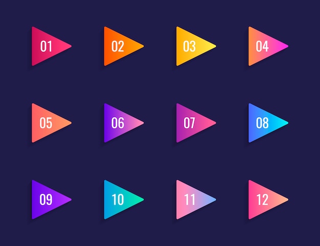 Vector super set arrow bullet point triangle flags on dark blue background. colorful gradient markers with number from 1 to 12.