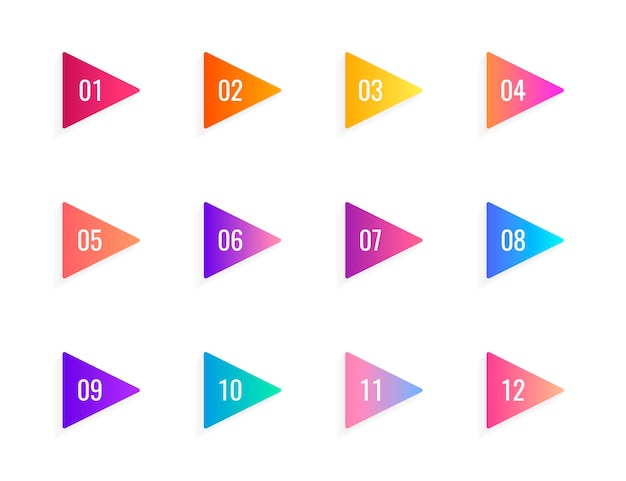 Вектор Супер набор стрелок пуля точка треугольник флаги на белом фоне. красочные маркеры градиента с номерами от 1 до 12. современные векторные иллюстрации.