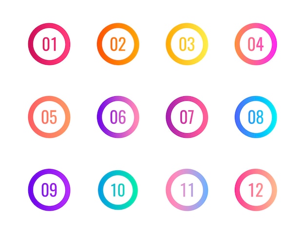 ベクトル 白の背景にスーパーセット矢印箇条書きの三角形のフラグ。 1から12までの番号を持つカラフルなグラデーションマーカー。現代のベクトルイラスト。