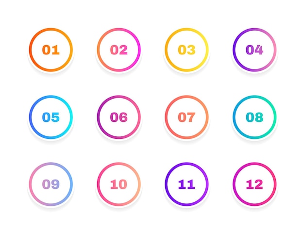 Super set bullet point on white background Colorful gradient markers with number from 1 to 12 Modern vector illustration