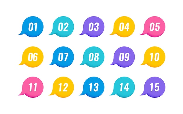 Super set colorful 3d bullet point on white background colorful markers with number from 1 to 15 modern vector illustration