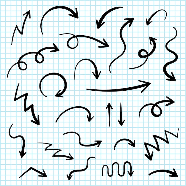 super set different hand-drawn arrows, vector graphic design.