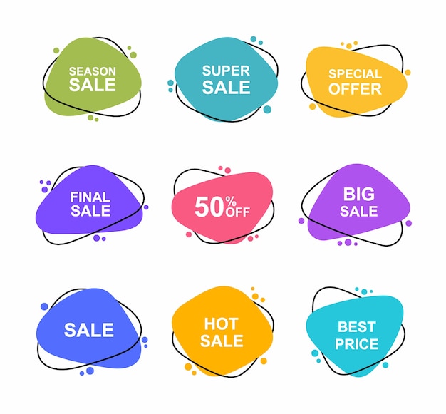 Super set banner disegnati a mano di forma diversa. i tag di vendita impostano i modelli di badge 0, 2, 0, 35, 5, 50, 0, 5, 5% di sconto. promozione sconto.