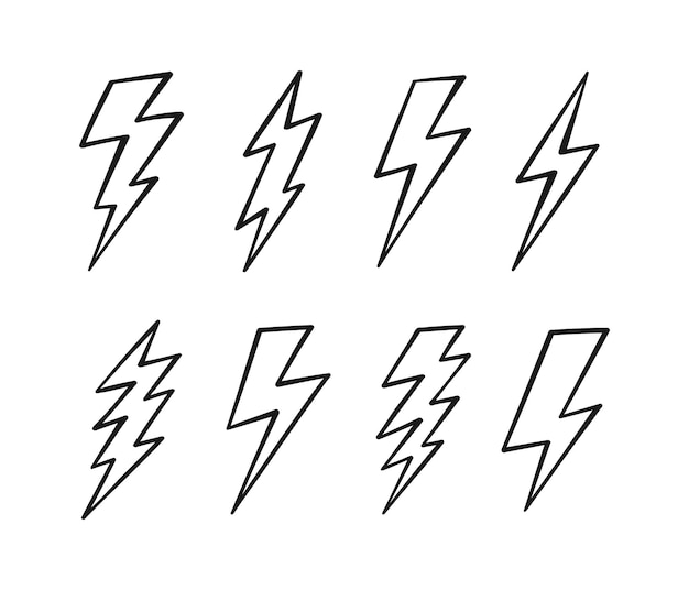 Super set hand drawn lightning bolt thunderbolt lightning strike modern flat style vector illustration