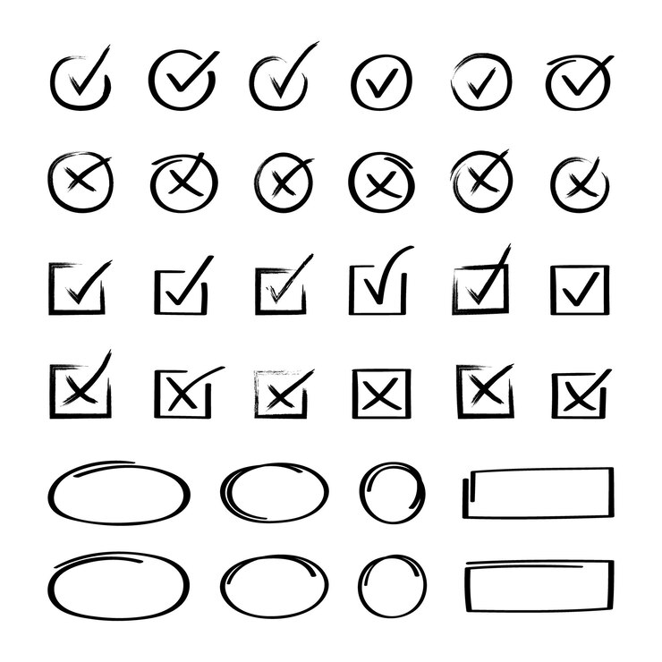 Vector super set hand getrokken vinkje met verschillende cirkel pijlen en onderstreept doodle v checklist markeert icon set vector illustratie