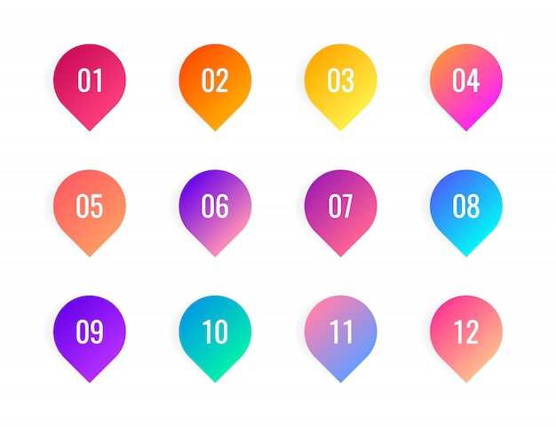 Super set point on white background. Colorful gradient markers with number from 1 to 12.