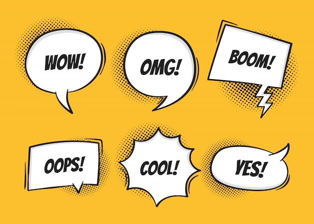 Vector super set retro colorful comic speech bubbles with halftone shadows on yellow background