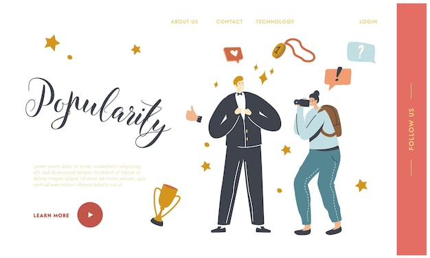 Super star popularity landing page template. male character vip person posing to paparazzi attacking him. famous actor or celebrity attract attention of photographer. linear people vector illustration