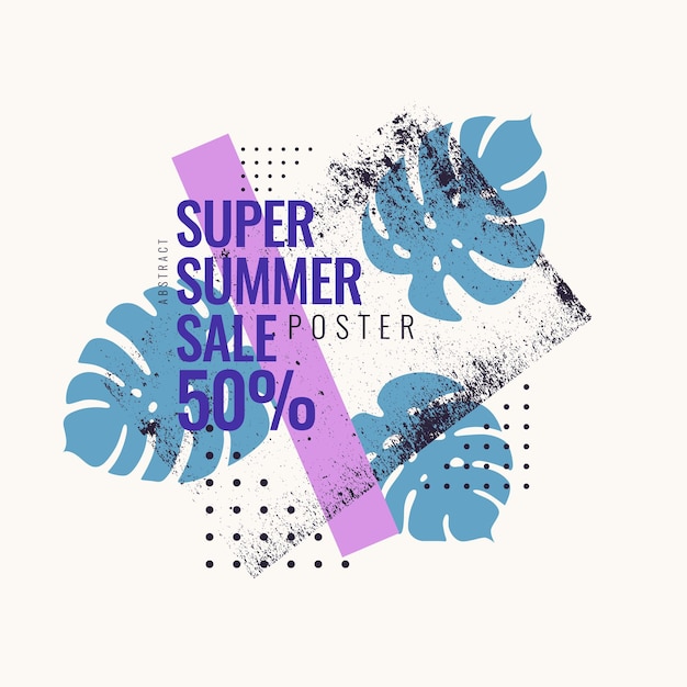 Vector super summer sale abstract background with palm leave and geometric shapes