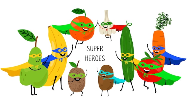 Super vegetables fruits. Superheroes with smiles and masks, carrot tomato banana orange pear isolated on white