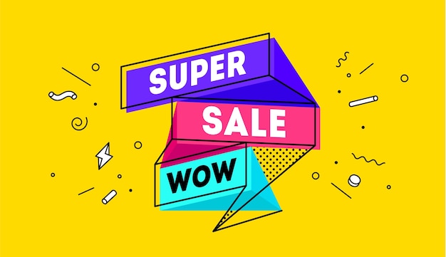 Super verkoop. 3D-verkoopbanner met tekst Super Sale voor emotie, motivatie. Moderne 3d kleurrijke websjabloon op zwarte achtergrond.