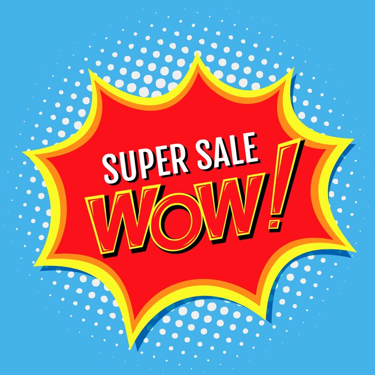 Vector super verkoop een banner in de stijl van comics pop-art met wow !, inscriptie. illustratie