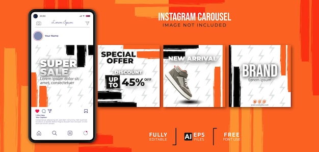 Vector super verkoop instagram carrouselsjabloon met smartphone