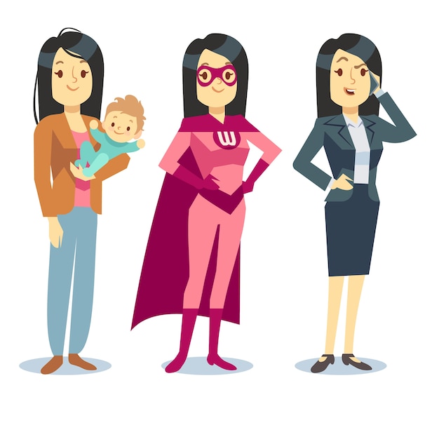 Super woman in superhero costume, mom with baby, businesswoman balancing vector concept. Motherhood 