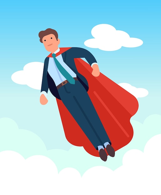 Super worker flying in sky business employee jump with strength in career for success leader hero manager super flight of hero businessman in red cloak