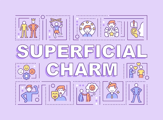 Superficial charm word concepts purple banner Impression management Infographics with icons on color background Isolated typography Vector illustration with text ArialBlack font used