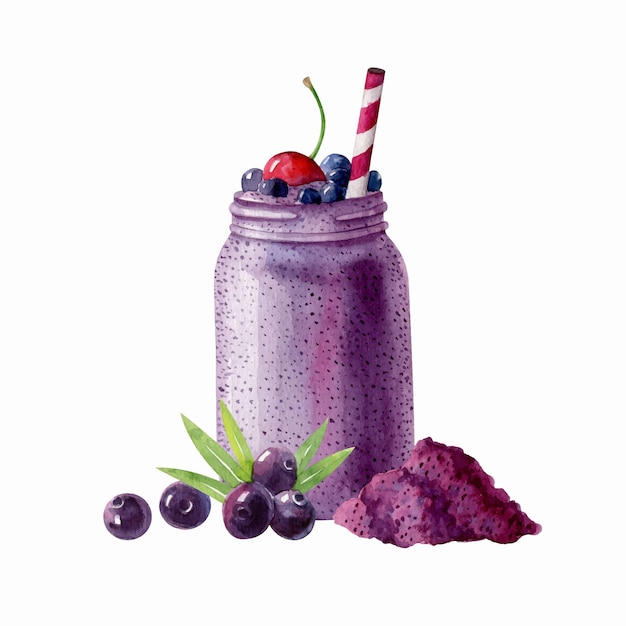 Superfood acai smoothie with fresh berries and striped tubule in the glass jar Vector clipart