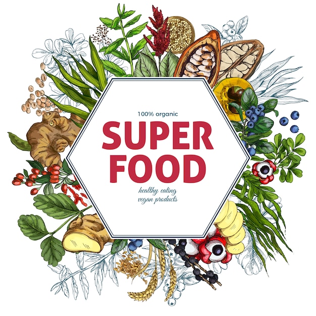 Superfood zeshoekig frame banner, full colour realistisch