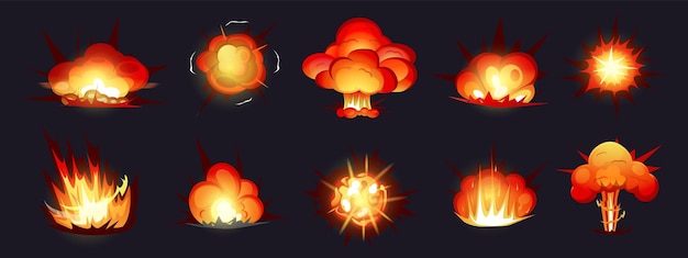 Superheld blazen explosie Bomb vernietiging Comics atoomvuur Explosie flits of dynamiet exploderen Rocket animatie vlam Detonatie effect Spelelementen set Vector recente afbeelding