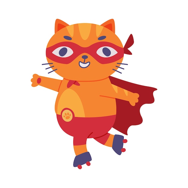 Superheld Ginger Cat met rood masker en Cape Roller Skating Vector Illustratie