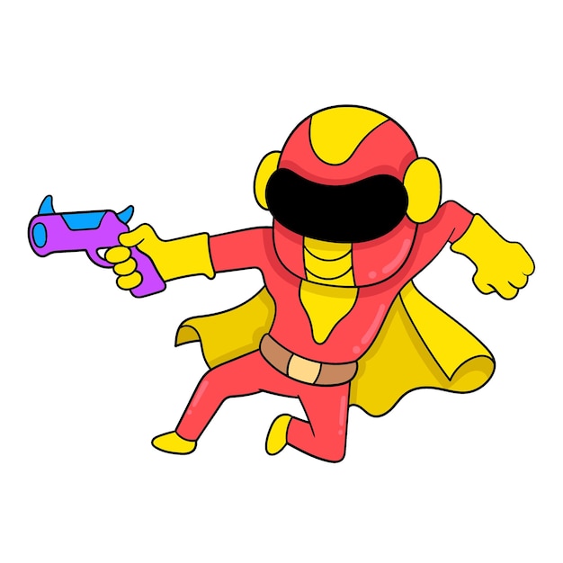 Superheld houdt een pistool doodle pictogram afbeelding kawaii