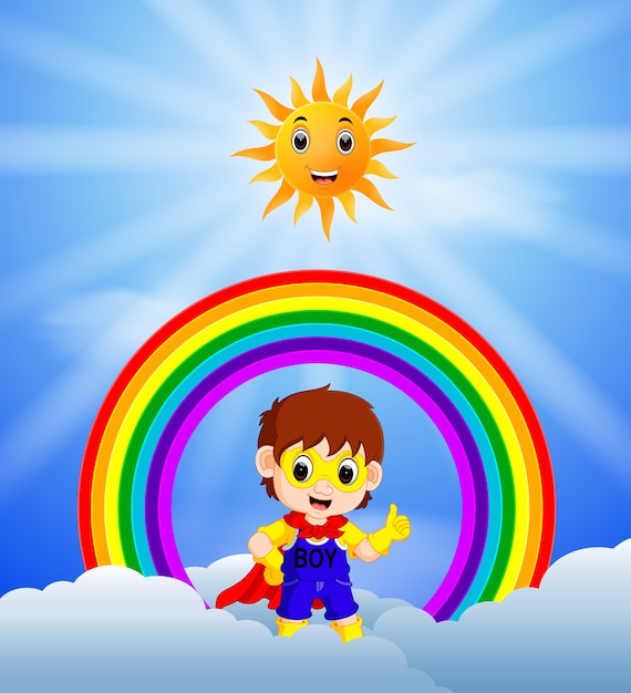 Superheld jongen en lucht op de regenboog