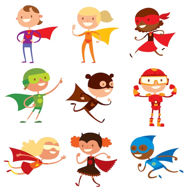 Superheld kinderen jongens en meisjes cartoon vector illustratie