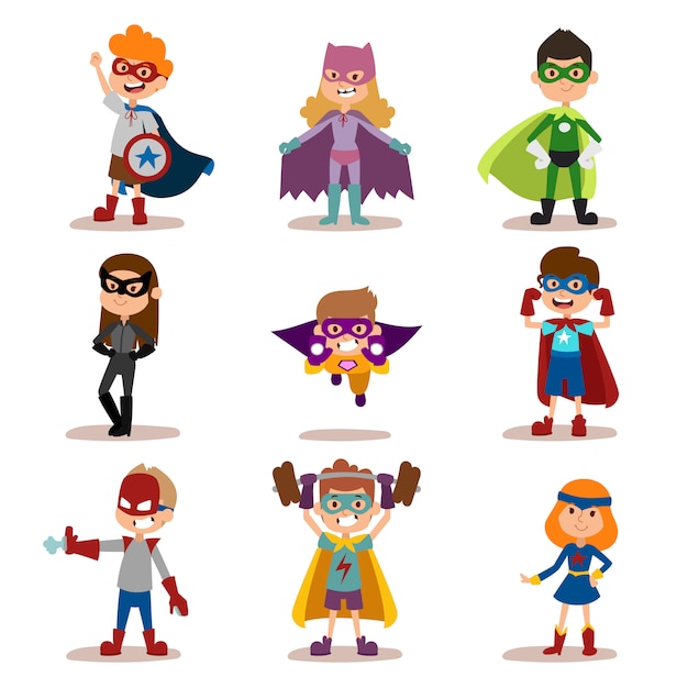 Superheld kinderen jongens en meisjes cartoon vector illustratie