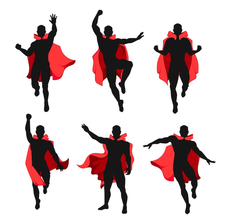 Vector superheld man in rode mantel cartoon gespierde mannelijke personages in vermomming kostuums met capes vliegen en vechten vector geïsoleerde set