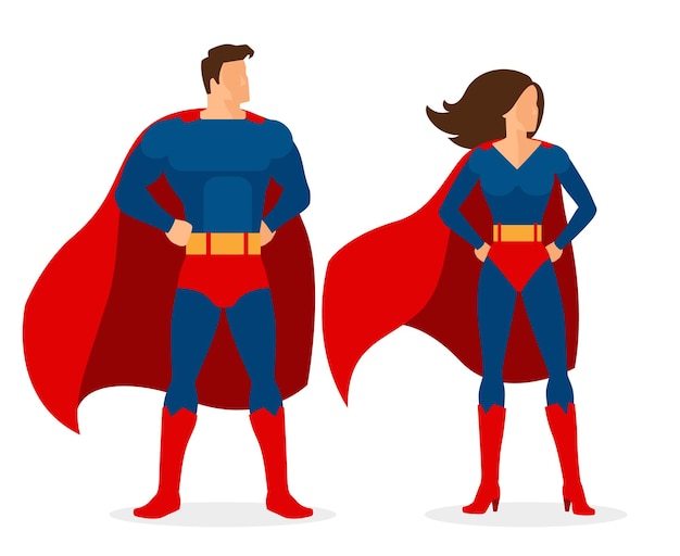 Superheld paar. Superman- en supervrouw-personages in vlakke stijl