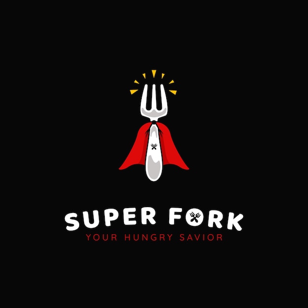 Superheld super vork restaurant catering met vork en super cape icoon logo