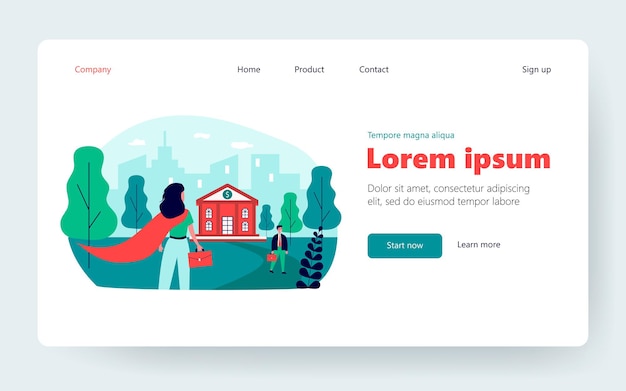Superheldenvrouw die naar de bank gaat. Werk, krediet, financiën platte vectorillustratie. Bedrijfs- en bankconcept voor banner, websiteontwerp of bestemmingswebpagina