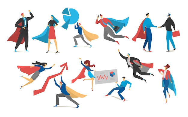 superhero actions icon set in cartoon colored style different poses