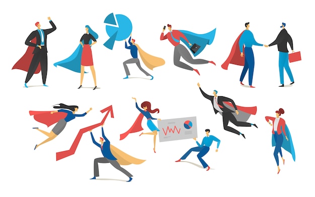 Vector superhero actions icon set in cartoon colored style different poses