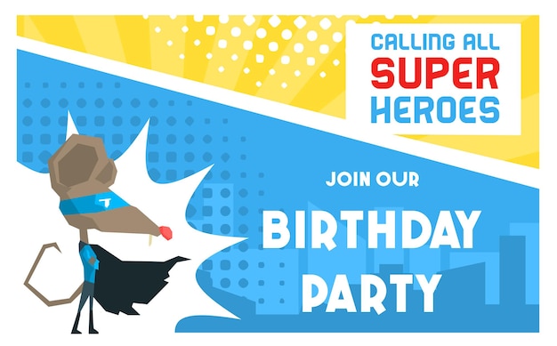 Vector superhero birthday party banner template cute funny mouse in superhero costume and mask birthday invitation card poster flyer vector illustration web design