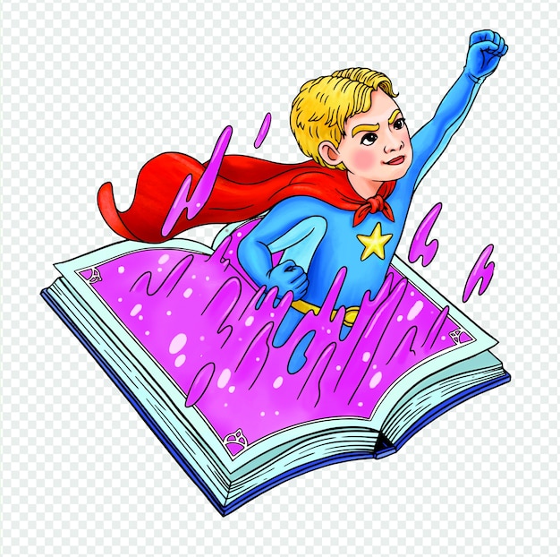 Superhero Boy Appear from a Book Fantasy Illustration