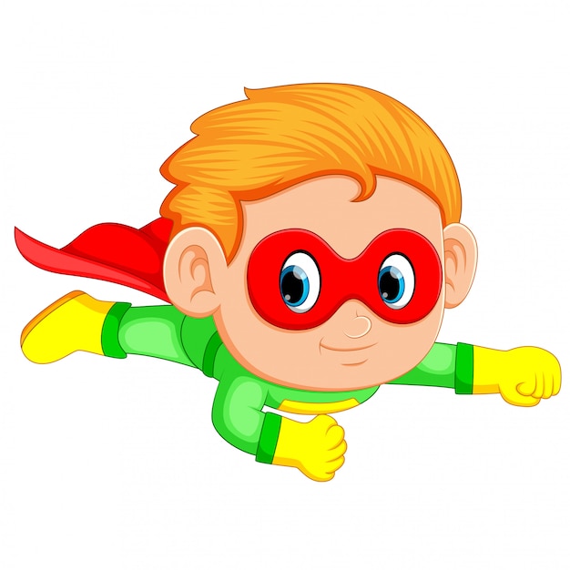 Vector superhero boy child flying upwards