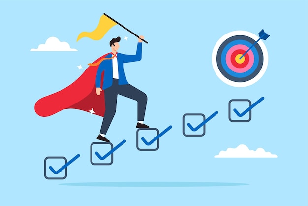 Superhero businessman finish task checklist for work target in flat design