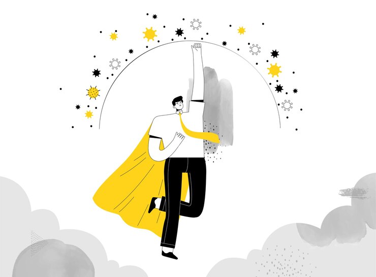 Vector superhero businessman flies up and creates coronavirus protection for his business