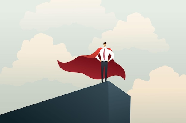 Бизнесмен супергероя, стоящий на вершине скалы, показывает успех силы