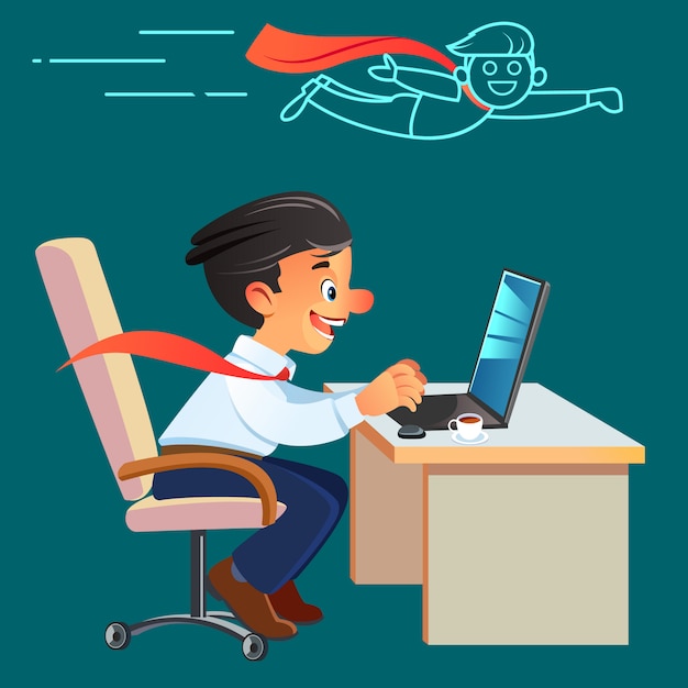 Vector superhero businessman working in the office. satisfied with work done. happy young man working on laptop while sitting at his working place in office.