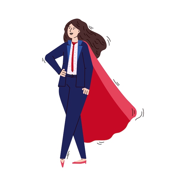 Vector superhero businesswoman with red hero cape standing in power pose