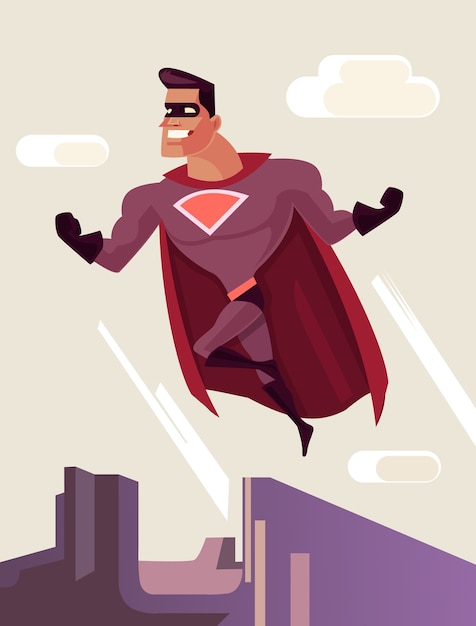 Vector superhero character jumping from roof.