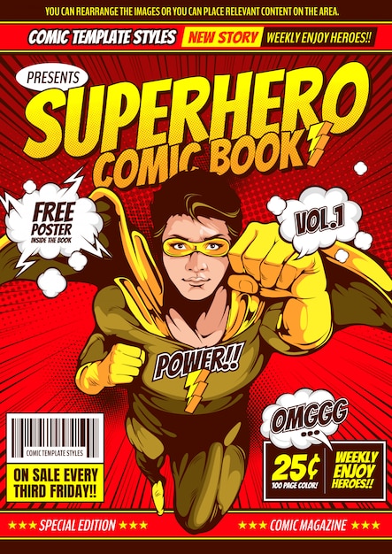 Vector superhero comic cover template background.