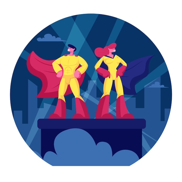 スーパーヒーローのカップルの男性と女性が黄色い衣装と赤いマントを着て、建物の屋根の照明サーチライトに腕を腰に当てて立っています。漫画フラットイラスト